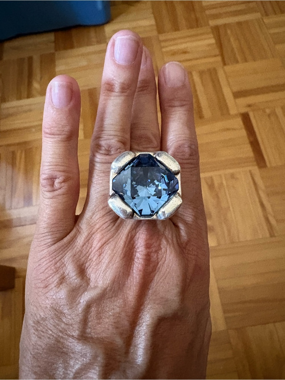 UNO de 50 Silver-Tone Ring with Large Blue Stone